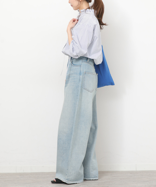 JOURNAL STANDARD relume（ジャーナルスタンダード　レリューム）の「ハイカウントストライプスタンドカラー2way（シャツ/ブラウス・レディース・ホワイト系その他/サックスブルー・FREE）」の4枚目の写真