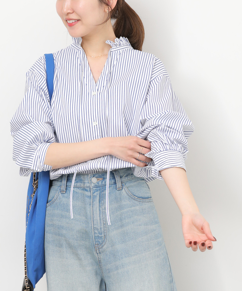 JOURNAL STANDARD relume（ジャーナルスタンダード　レリューム）の「ハイカウントストライプスタンドカラー2way（シャツ/ブラウス・レディース・ホワイト系その他/サックスブルー・FREE）」の7枚目の写真