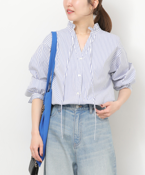 JOURNAL STANDARD relume（ジャーナルスタンダード　レリューム）の「ハイカウントストライプスタンドカラー2way（シャツ/ブラウス・レディース・ホワイト系その他/サックスブルー・FREE）」の8枚目の写真