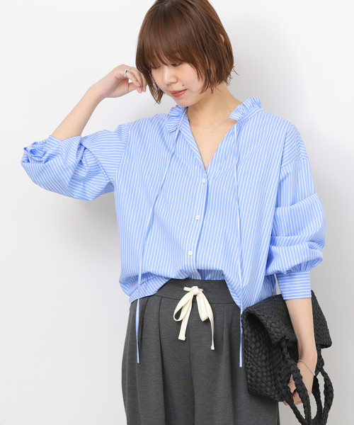 JOURNAL STANDARD relume（ジャーナルスタンダード　レリューム）の「ハイカウントストライプスタンドカラー2way（シャツ/ブラウス・レディース・ホワイト系その他/サックスブルー・FREE）」の16枚目の写真