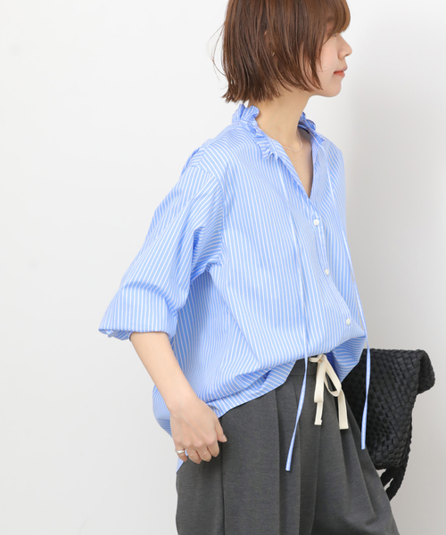 JOURNAL STANDARD relume（ジャーナルスタンダード　レリューム）の「ハイカウントストライプスタンドカラー2way（シャツ/ブラウス・レディース・ホワイト系その他/サックスブルー・FREE）」の19枚目の写真
