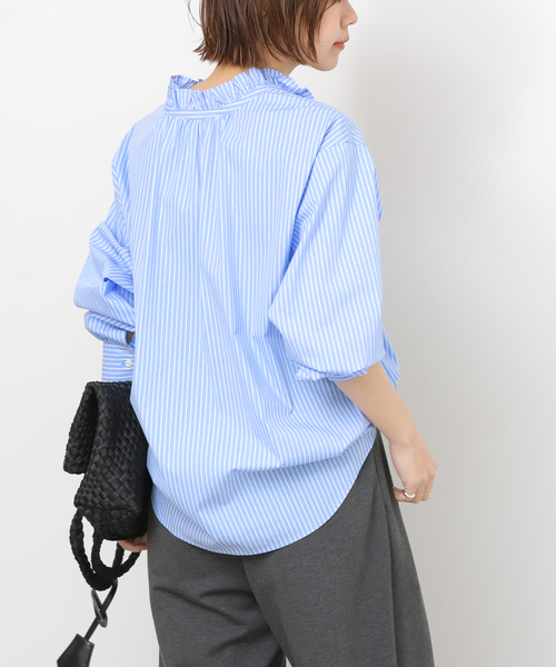 JOURNAL STANDARD relume（ジャーナルスタンダード　レリューム）の「ハイカウントストライプスタンドカラー2way（シャツ/ブラウス・レディース・ホワイト系その他/サックスブルー・FREE）」の20枚目の写真