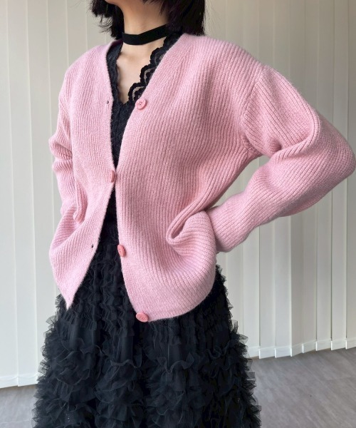 AMAIL（アマイル）の「Ribbed Cardigan（カーディガン/ボレロ・レディース・ピンク/ダークグレー・FREE）」の4枚目の写真