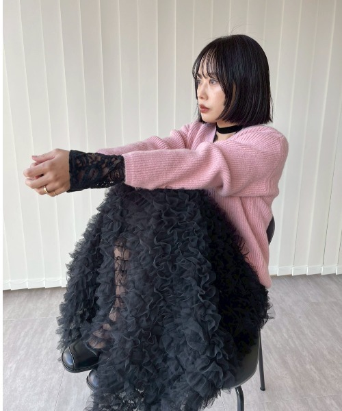 AMAIL（アマイル）の「Ribbed Cardigan（カーディガン/ボレロ・レディース・ピンク/ダークグレー・FREE）」の7枚目の写真