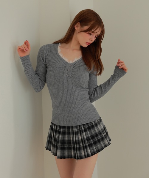 lace gather lara knit tops/レースギャザーララニットトップス（ニット/セーター）｜M DOLLY（エムドリー）のファッション通販 - ZOZOTOWN