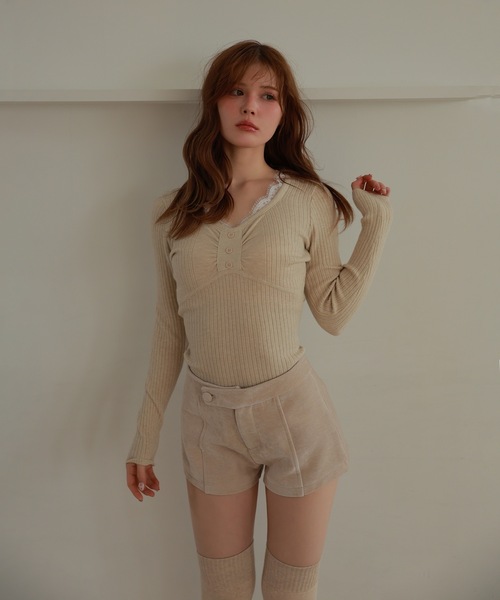 lace gather lara knit tops/レースギャザーララニットトップス（ニット/セーター）｜M DOLLY（エムドリー）のファッション通販 - ZOZOTOWN