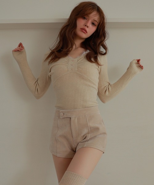 lace gather lara knit tops/レースギャザーララニットトップス（ニット/セーター）｜M DOLLY（エムドリー）のファッション通販 - ZOZOTOWN