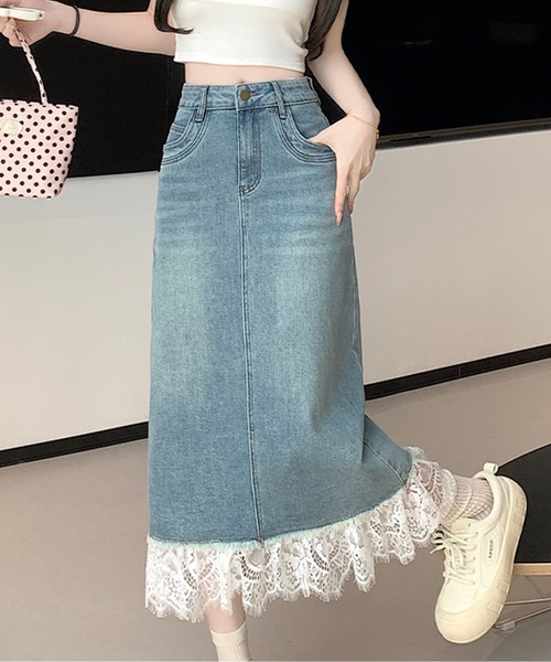 AMAJI(アマジ)の「裾レースデニムスカート(スカート・レディース・ライトブルー・X-LARGE/LARGE/MEDIUM/SMALL)」の3枚目の写真