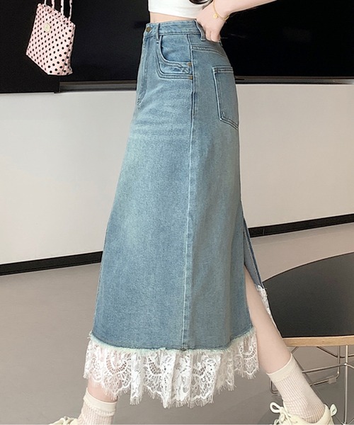 AMAJI(アマジ)の「裾レースデニムスカート(スカート・レディース・ライトブルー・X-LARGE/LARGE/MEDIUM/SMALL)」の4枚目の写真