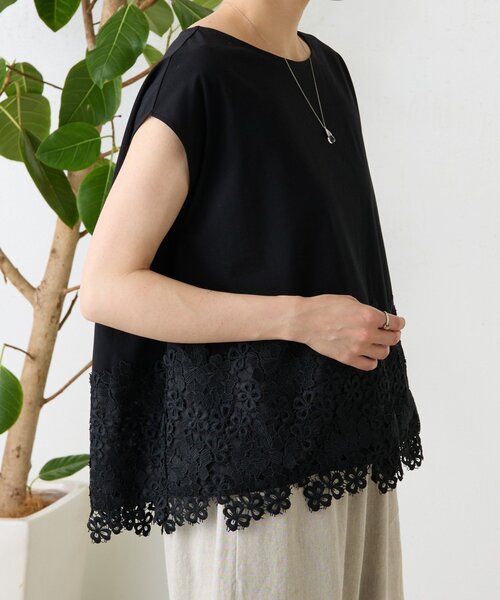 BEARDSLEY(ビアズリー)の「裾レースフレンチTシャツ(Tシャツ/カットソー・レディース・ホワイト/ブラック・FREE)」の3枚目の写真