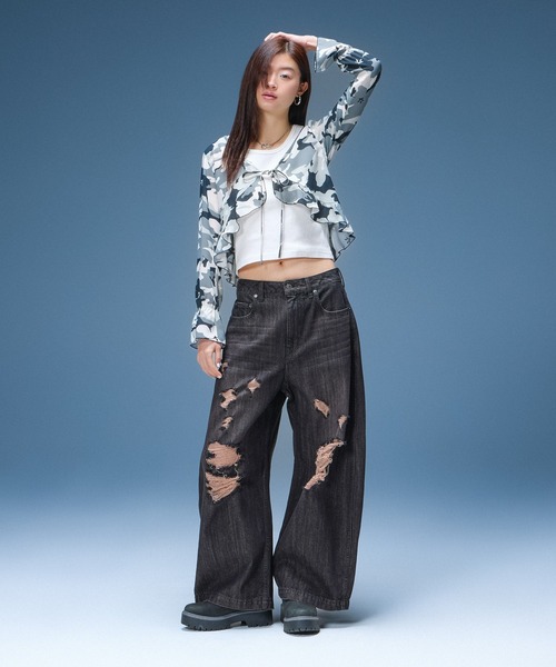 X-girl(エックスガール)の「HIBISCUS CAMOUFLAGE BLOUSE(シャツ/ブラウス・レディース・グレー/カモフラージュ・ONE SIZE)」の12枚目の写真
