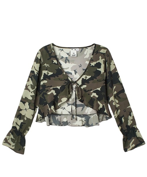 X-girl(エックスガール)の「HIBISCUS CAMOUFLAGE BLOUSE(シャツ/ブラウス・レディース・グレー/カモフラージュ・ONE SIZE)」の14枚目の写真