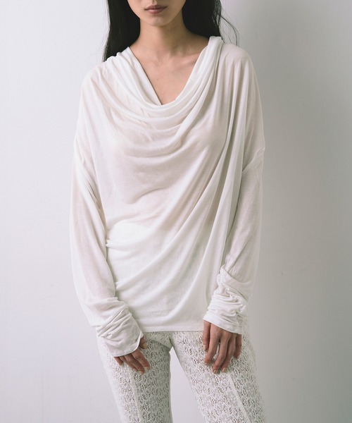 kiehtova(キエトヴァ)の「【kiehtova】AIRY DRAPE SHEER TOPS/エアリードレープシアートップス KTWR62(Tシャツ/カットソー・レディース・ブラック/ホワイト/ベージュ・FREE)」の2枚目の写真