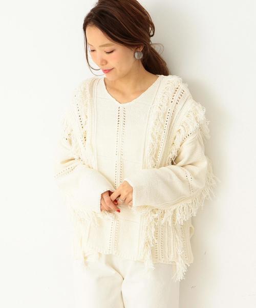Another Edition（アナザーエディション）の「フリンジアイレットニット/AEBC C/フリンジアイレットニットＰＯ◆（ニット/セーター・レディース・オフホワイト/オリーブ・FREE）」の2枚目の写真