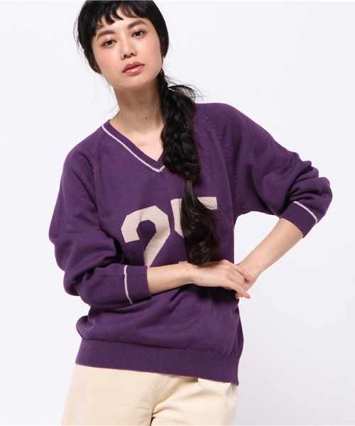 OUTLET（アウトレット）の「【Omekashi】ナンバリングVセーター（ニット/セーター・レディース・ブラウン/キャメル/パープル・FREE）」の2枚目の写真