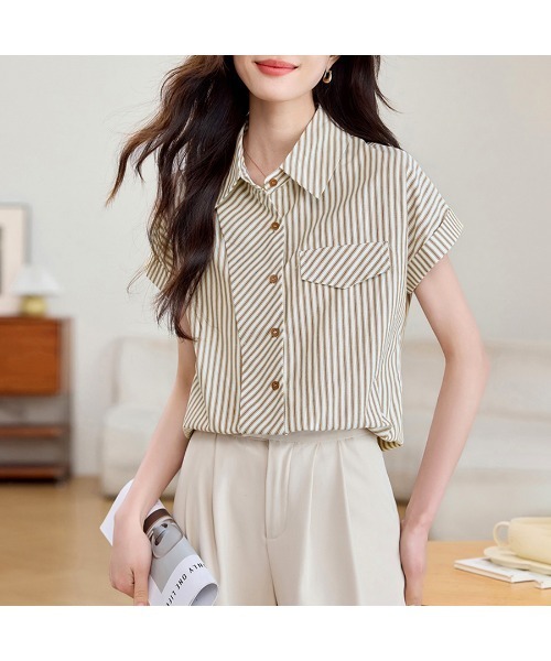 ReRe(リリ)の「ポケット風デザインストライプシャツ(シャツ/ブラウス・レディース・ベージュ・MEDIUM/LARGE/X-LARGE)」の1枚目の写真