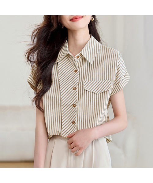 ReRe(リリ)の「ポケット風デザインストライプシャツ(シャツ/ブラウス・レディース・ベージュ・MEDIUM/LARGE/X-LARGE)」の5枚目の写真