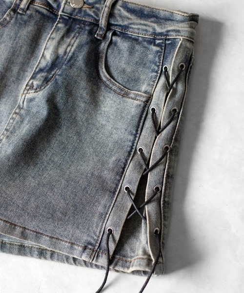 me+em select(ミームセレクト)の「【 2color / 3size 】レースアップストレッチデニムミニスカパン / lace up stretch denim mini skirt pants(デニムスカート・レディース・ブルー/ブラック・LARGE/MEDIUM/SMALL)」の4枚目の写真