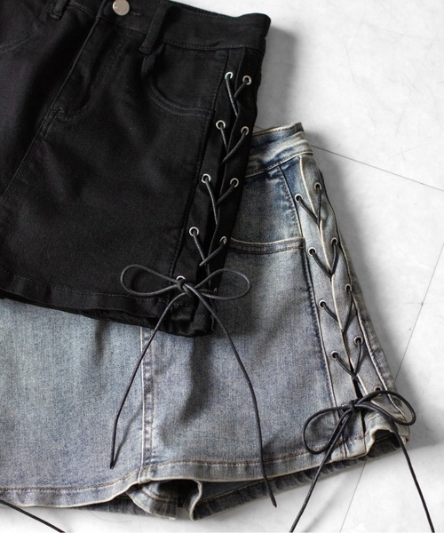 me+em select(ミームセレクト)の「【 2color / 3size 】レースアップストレッチデニムミニスカパン / lace up stretch denim mini skirt pants(デニムスカート・レディース・ブルー/ブラック・LARGE/MEDIUM/SMALL)」の5枚目の写真