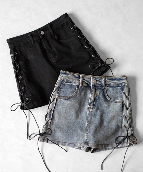me+em select(ミームセレクト)の「【 2color / 3size 】レースアップストレッチデニムミニスカパン / lace up stretch denim mini skirt pants(デニムスカート・レディース・ブルー/ブラック・LARGE/MEDIUM/SMALL)」の6枚目の写真