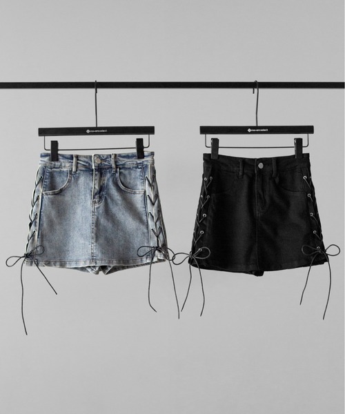 me+em select(ミームセレクト)の「【 2color / 3size 】レースアップストレッチデニムミニスカパン / lace up stretch denim mini skirt pants(デニムスカート・レディース・ブルー/ブラック・LARGE/MEDIUM/SMALL)」の3枚目の写真