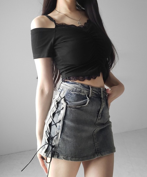 me+em select(ミームセレクト)の「【 2color / 3size 】レースアップストレッチデニムミニスカパン / lace up stretch denim mini skirt pants(デニムスカート・レディース・ブルー/ブラック・LARGE/MEDIUM/SMALL)」の19枚目の写真