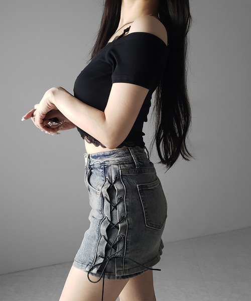 me+em select(ミームセレクト)の「【 2color / 3size 】レースアップストレッチデニムミニスカパン / lace up stretch denim mini skirt pants(デニムスカート・レディース・ブルー/ブラック・LARGE/MEDIUM/SMALL)」の20枚目の写真