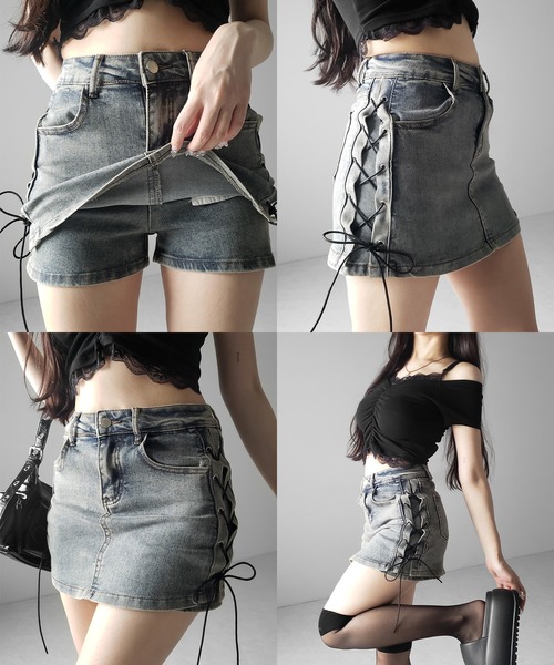 me+em select(ミームセレクト)の「【 2color / 3size 】レースアップストレッチデニムミニスカパン / lace up stretch denim mini skirt pants(デニムスカート・レディース・ブルー/ブラック・LARGE/MEDIUM/SMALL)」の7枚目の写真