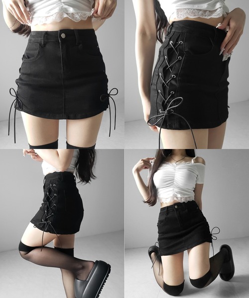 me+em select(ミームセレクト)の「【 2color / 3size 】レースアップストレッチデニムミニスカパン / lace up stretch denim mini skirt pants(デニムスカート・レディース・ブルー/ブラック・LARGE/MEDIUM/SMALL)」の8枚目の写真