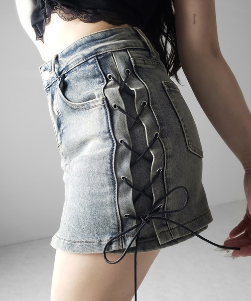me+em select(ミームセレクト)の「【 2color / 3size 】レースアップストレッチデニムミニスカパン / lace up stretch denim mini skirt pants(デニムスカート・レディース・ブルー/ブラック・LARGE/MEDIUM/SMALL)」の10枚目の写真