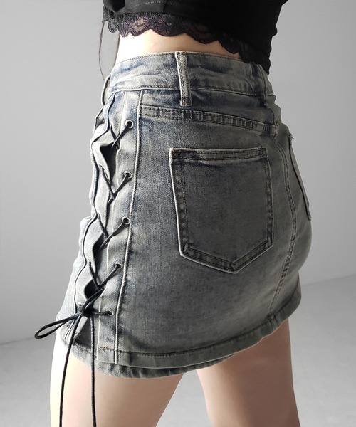 me+em select(ミームセレクト)の「【 2color / 3size 】レースアップストレッチデニムミニスカパン / lace up stretch denim mini skirt pants(デニムスカート・レディース・ブルー/ブラック・LARGE/MEDIUM/SMALL)」の16枚目の写真