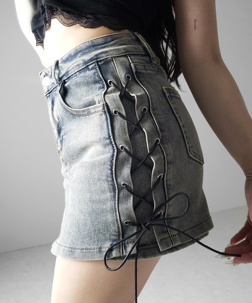 me+em select(ミームセレクト)の「【 2color / 3size 】レースアップストレッチデニムミニスカパン / lace up stretch denim mini skirt pants(デニムスカート・レディース・ブルー/ブラック・LARGE/MEDIUM/SMALL)」の17枚目の写真