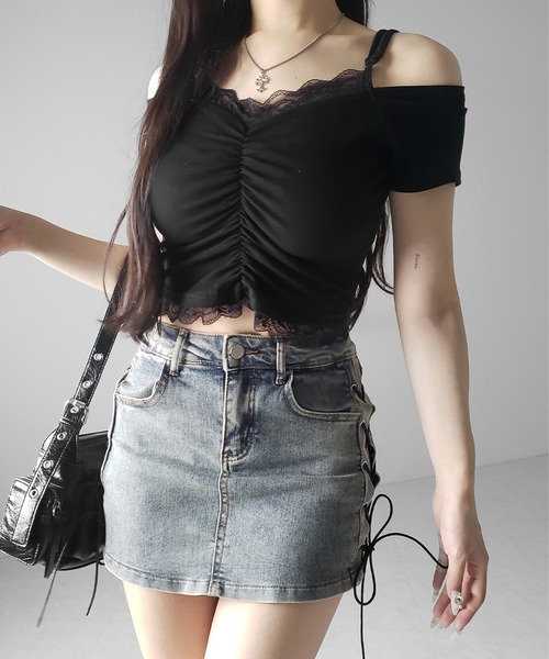me+em select(ミームセレクト)の「【 2color / 3size 】レースアップストレッチデニムミニスカパン / lace up stretch denim mini skirt pants(デニムスカート・レディース・ブルー/ブラック・LARGE/MEDIUM/SMALL)」の18枚目の写真