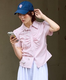 着るだけで細見え。ポコポコストライプシャーリングシャツ / 半袖シャツブラウス・ショート丈