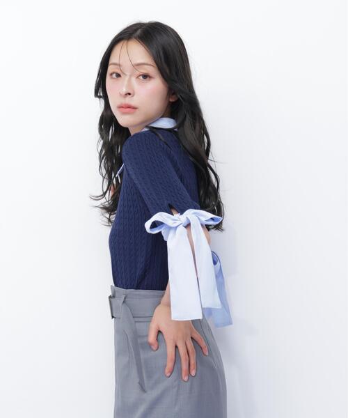JILL by JILL STUART（ジルバイジルスチュアート）の「袖リボンケーブルカーディガン半袖（ニット/セーター・レディース・ホワイト/ネイビー/グレー・FREE）」の20枚目の写真