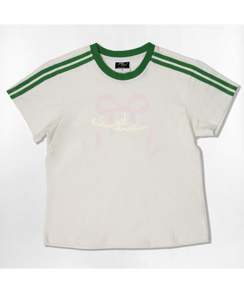 NOTUSUAL(ノットユージュアル)の「エックスリボンセミクロップ半袖Tシャツ6色(Tシャツ/カットソー・レディース・ホワイト/スカイブルー/ネイビー/ピンク/ライトブラウン/ホワイト×グリーン・1(S))」の2枚目の写真