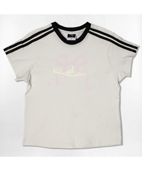 NOTUSUAL(ノットユージュアル)の「エックスリボンセミクロップ半袖Tシャツ6色(Tシャツ/カットソー・レディース・ホワイト/スカイブルー/ネイビー/ピンク/ライトブラウン/ホワイト×グリーン・1(S))」の1枚目の写真