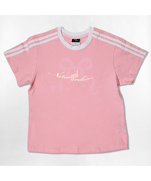 NOTUSUAL(ノットユージュアル)の「エックスリボンセミクロップ半袖Tシャツ6色(Tシャツ/カットソー・レディース・ホワイト/スカイブルー/ネイビー/ピンク/ライトブラウン/ホワイト×グリーン・1(S))」の6枚目の写真