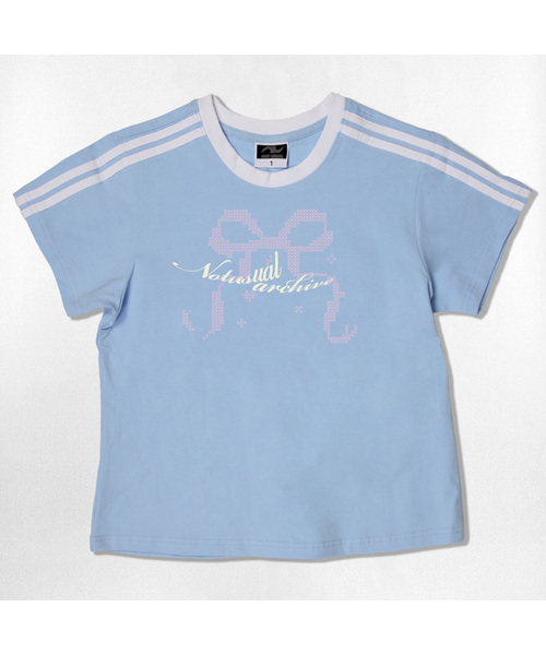 NOTUSUAL(ノットユージュアル)の「エックスリボンセミクロップ半袖Tシャツ6色(Tシャツ/カットソー・レディース・ホワイト/スカイブルー/ネイビー/ピンク/ライトブラウン/ホワイト×グリーン・1(S))」の4枚目の写真