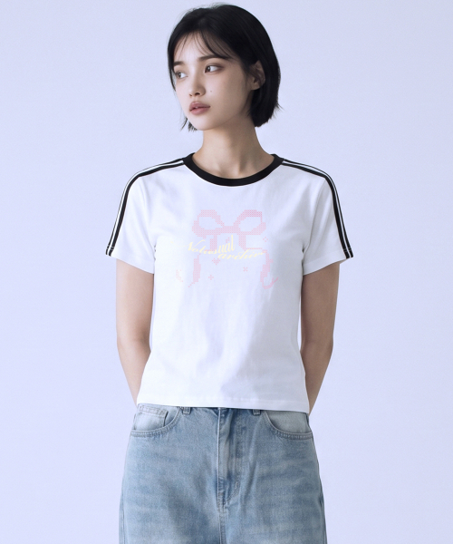 NOTUSUAL(ノットユージュアル)の「エックスリボンセミクロップ半袖Tシャツ6色(Tシャツ/カットソー・レディース・ホワイト/スカイブルー/ネイビー/ピンク/ライトブラウン/ホワイト×グリーン・1(S))」の7枚目の写真