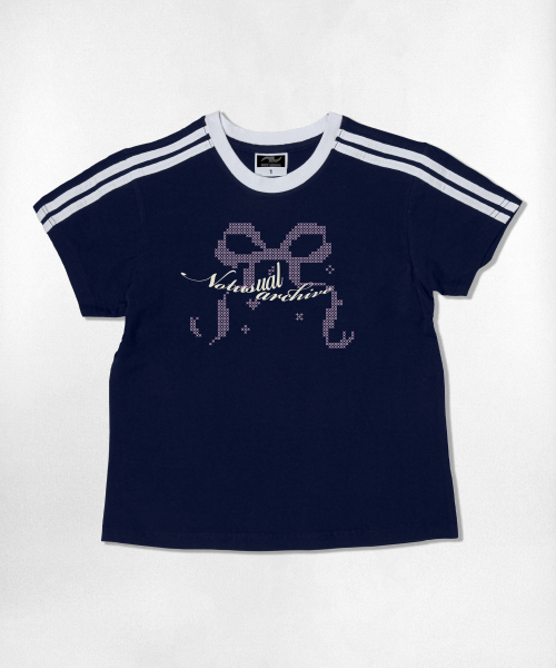 NOTUSUAL(ノットユージュアル)の「エックスリボンセミクロップ半袖Tシャツ6色(Tシャツ/カットソー・レディース・ホワイト/スカイブルー/ネイビー/ピンク/ライトブラウン/ホワイト×グリーン・1(S))」の9枚目の写真