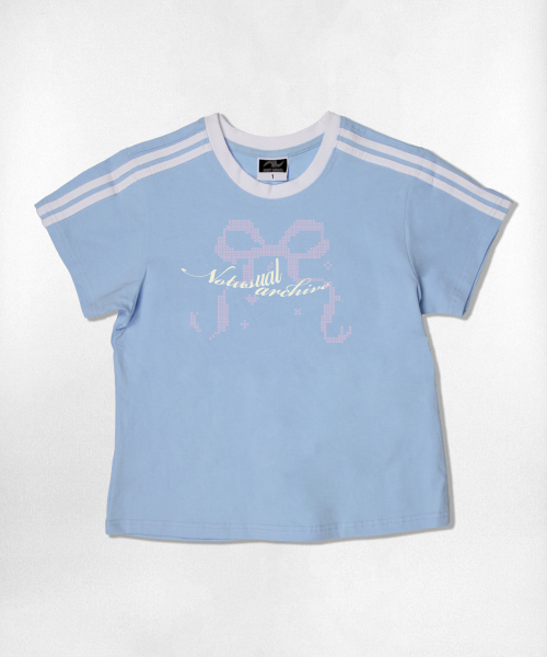 NOTUSUAL(ノットユージュアル)の「エックスリボンセミクロップ半袖Tシャツ6色(Tシャツ/カットソー・レディース・ホワイト/スカイブルー/ネイビー/ピンク/ライトブラウン/ホワイト×グリーン・1(S))」の13枚目の写真
