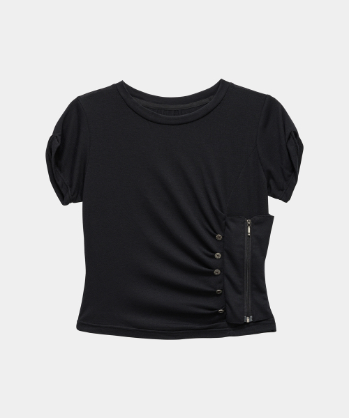 ETRE AU SOMMET（エトレオソメ）の「Drape Pintuck Zipper Roll-Up Short Top (Black)（Tシャツ/カットソー・レディース・ブラック・FREE）」の7枚目の写真