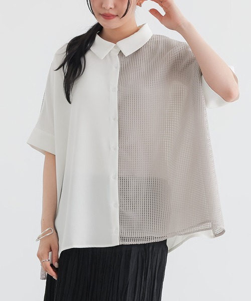 n'OrLABEL(ノアールレーベル)の「【接触冷感】メッシュ切替デザインシャツ(シャツ/ブラウス・レディース・ブラック/オフホワイト・FREE)」の4枚目の写真
