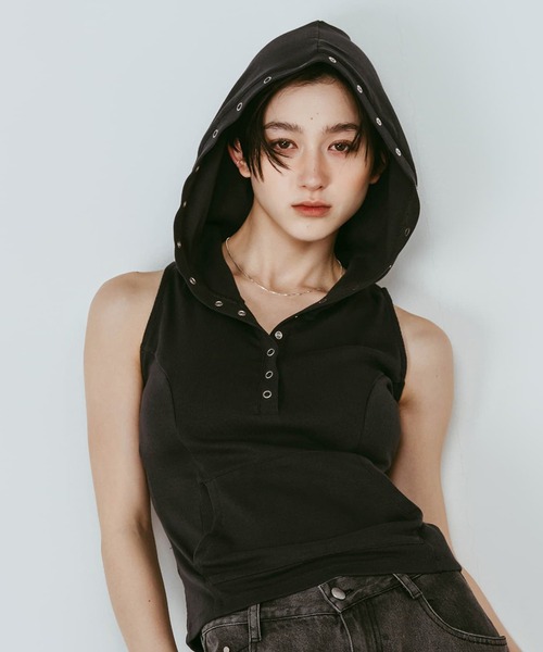 Knuth Marf(クヌースマーフ)の「【Knuth Marf】クヌースマーフ snap-button hoodie(Tシャツ/カットソー・レディース・ネイビー/ホワイト/チャコールグレー・FREE)」の2枚目の写真