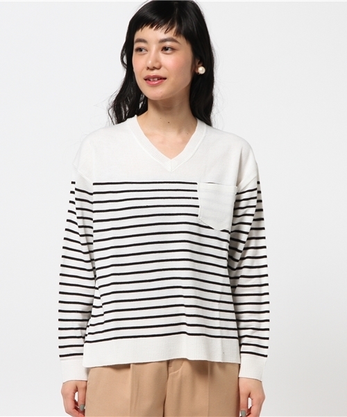 VENCEEXCHANGE（ヴァンスエクスチェンジ）の「ポケ付Vニットプルオーバー          （ニット/セーター・レディース・ベージュ/その他35/オフホワイト/グレー・MEDIUM）」の5枚目の写真