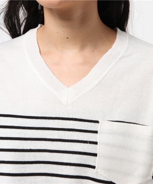 VENCEEXCHANGE（ヴァンスエクスチェンジ）の「ポケ付Vニットプルオーバー          （ニット/セーター・レディース・ベージュ/その他35/オフホワイト/グレー・MEDIUM）」の9枚目の写真