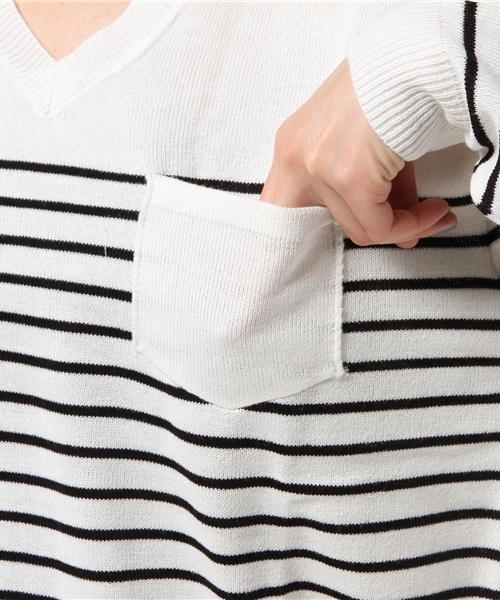 VENCEEXCHANGE（ヴァンスエクスチェンジ）の「ポケ付Vニットプルオーバー          （ニット/セーター・レディース・ベージュ/その他35/オフホワイト/グレー・MEDIUM）」の11枚目の写真