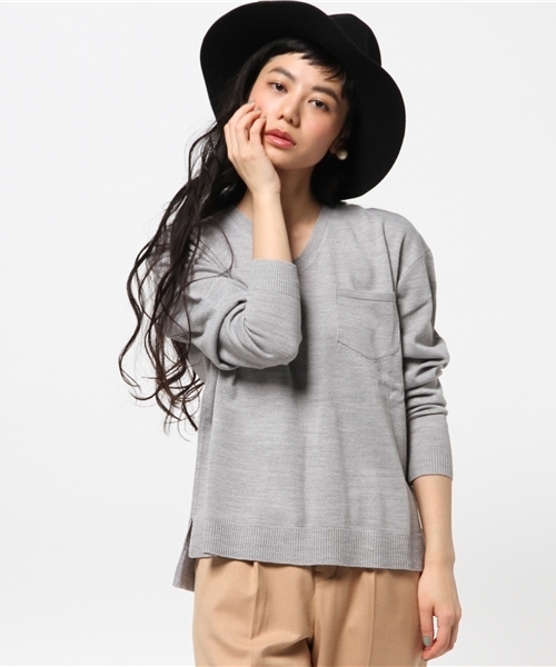 VENCEEXCHANGE（ヴァンスエクスチェンジ）の「ポケ付Vニットプルオーバー          （ニット/セーター・レディース・ベージュ/その他35/オフホワイト/グレー・MEDIUM）」の15枚目の写真