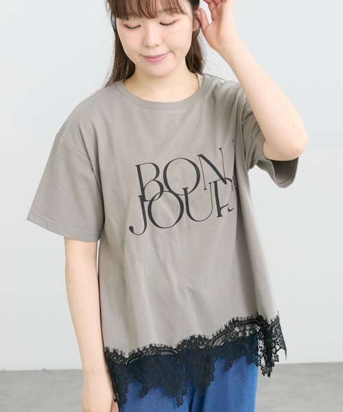 Samansa Mos2（サマンサ モスモス）の「【接触冷感】裾レースロゴTシャツ（Tシャツ/カットソー・レディース・ブラック/オフホワイト/グレー系その他・F）」の3枚目の写真